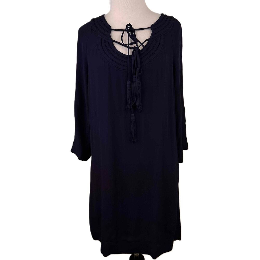 Diane Von Furstenberg Blue Rayon 3/4 Sleeve Tassel Ruffled Dress Size 6